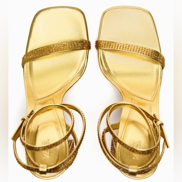 Zara Gold Block Heel Rhinestone Sandals - Picture 14 of 14